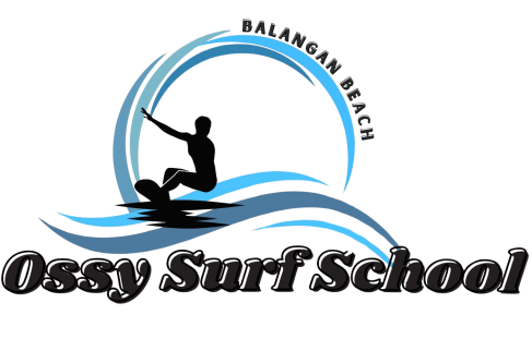 Ossy Surf School at Balangan Beach showing a surfer silhouette under an arching wave